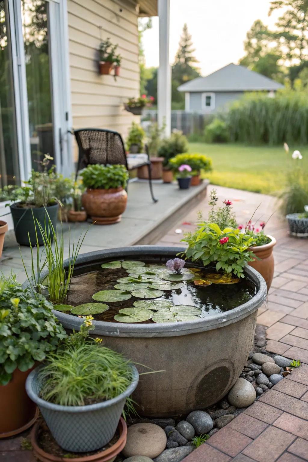 A do-it-yourself container pond offers a budget-friendly and charming water element.