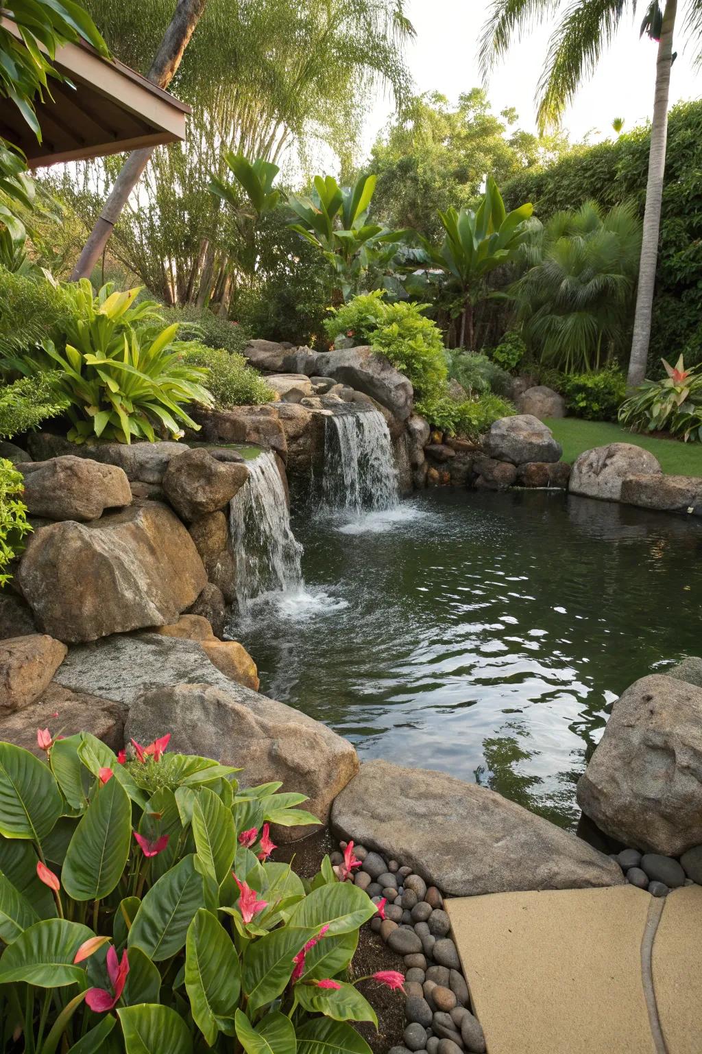 A backyard pond enhanced with a cascading stream.