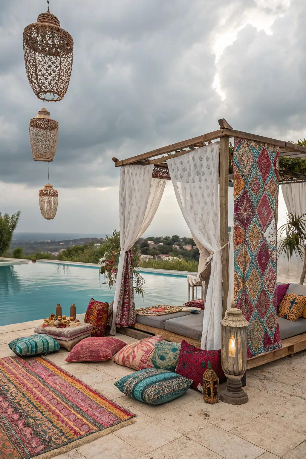 Bohemian vibes create a vibrant and inviting poolside retreat.