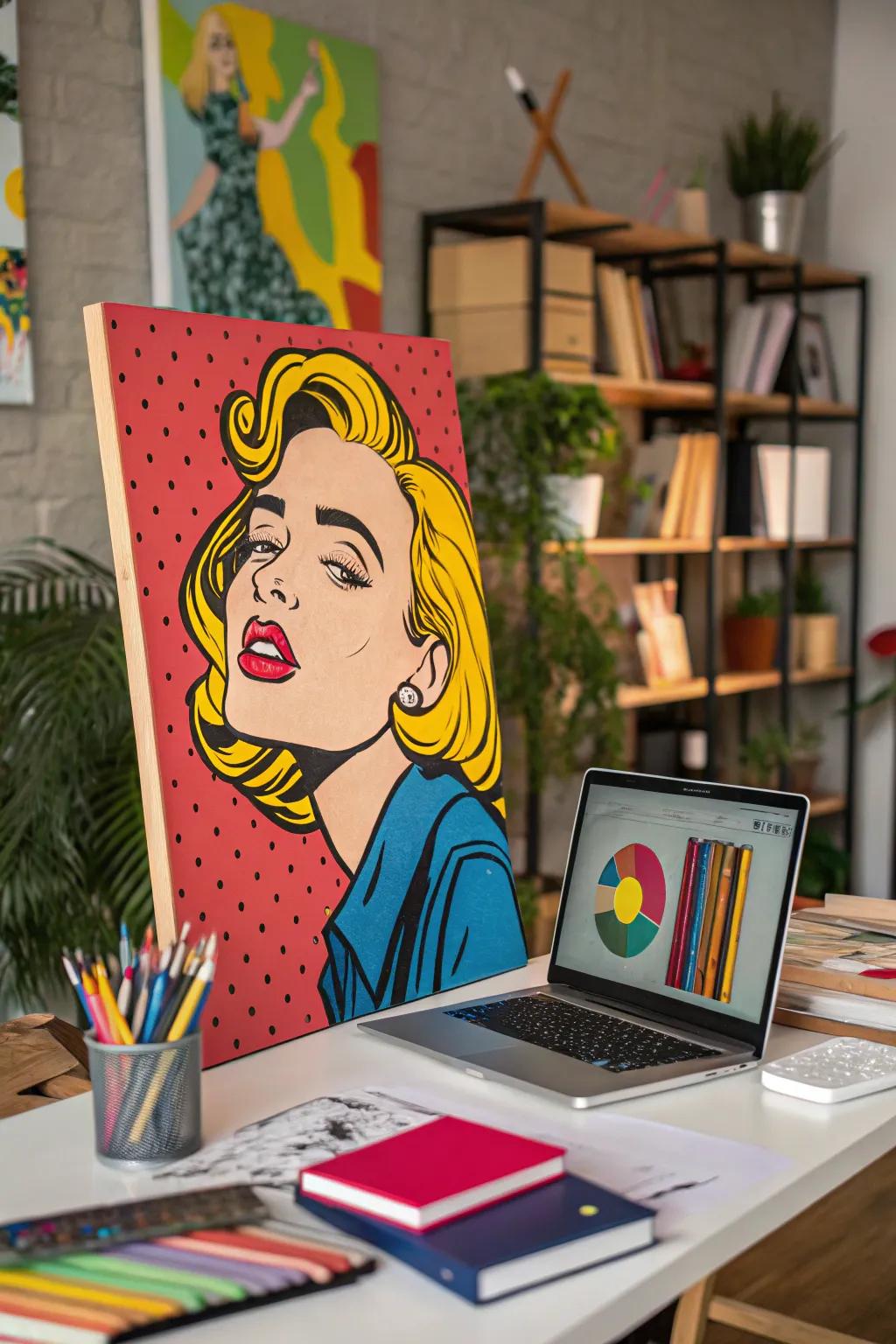 A humorous artistic pop representation painting of a meme brings life to the workspace.