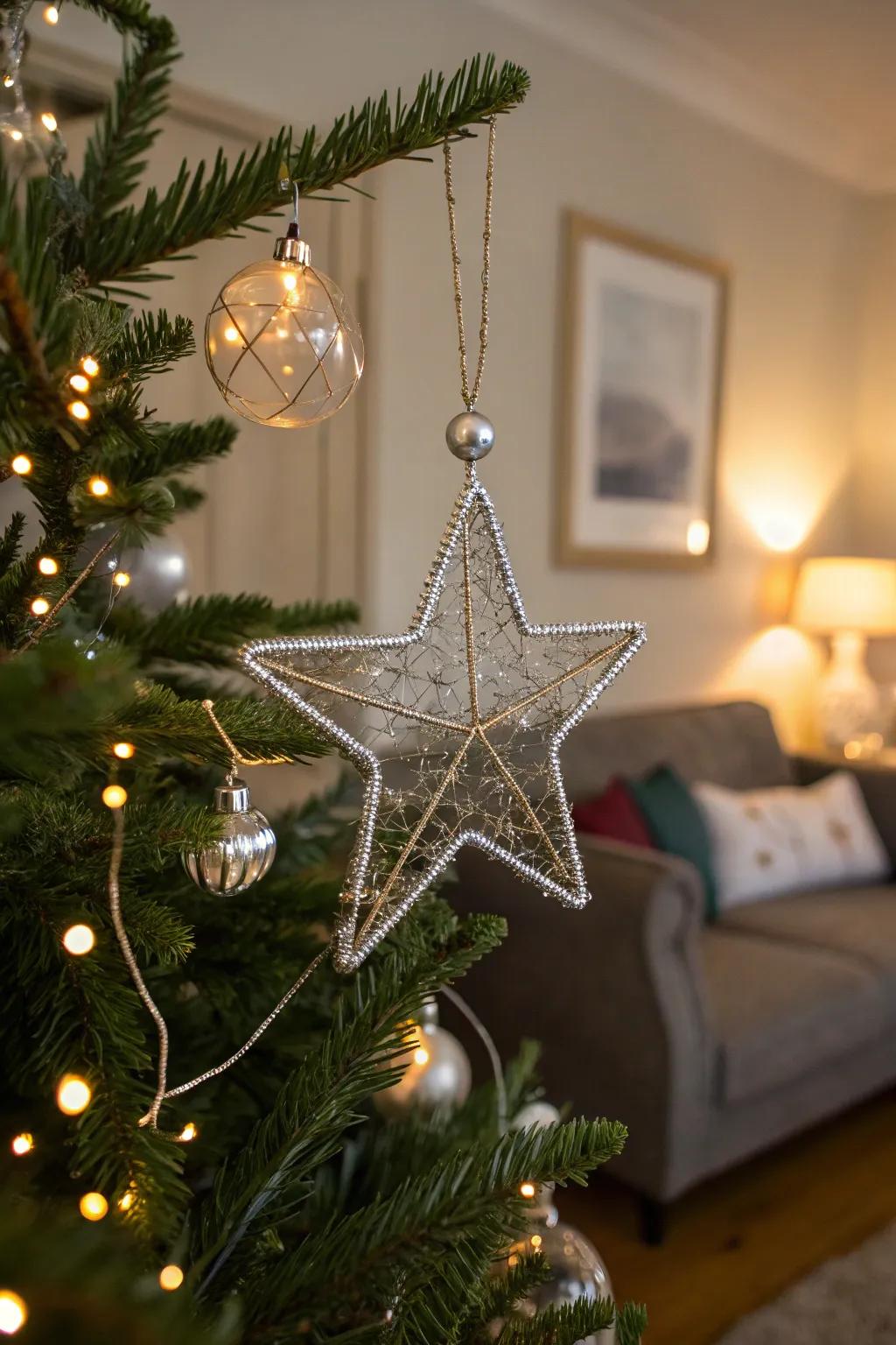 Elegant glimmer star ornaments, capturing light and adding sparkle to your holiday decor.