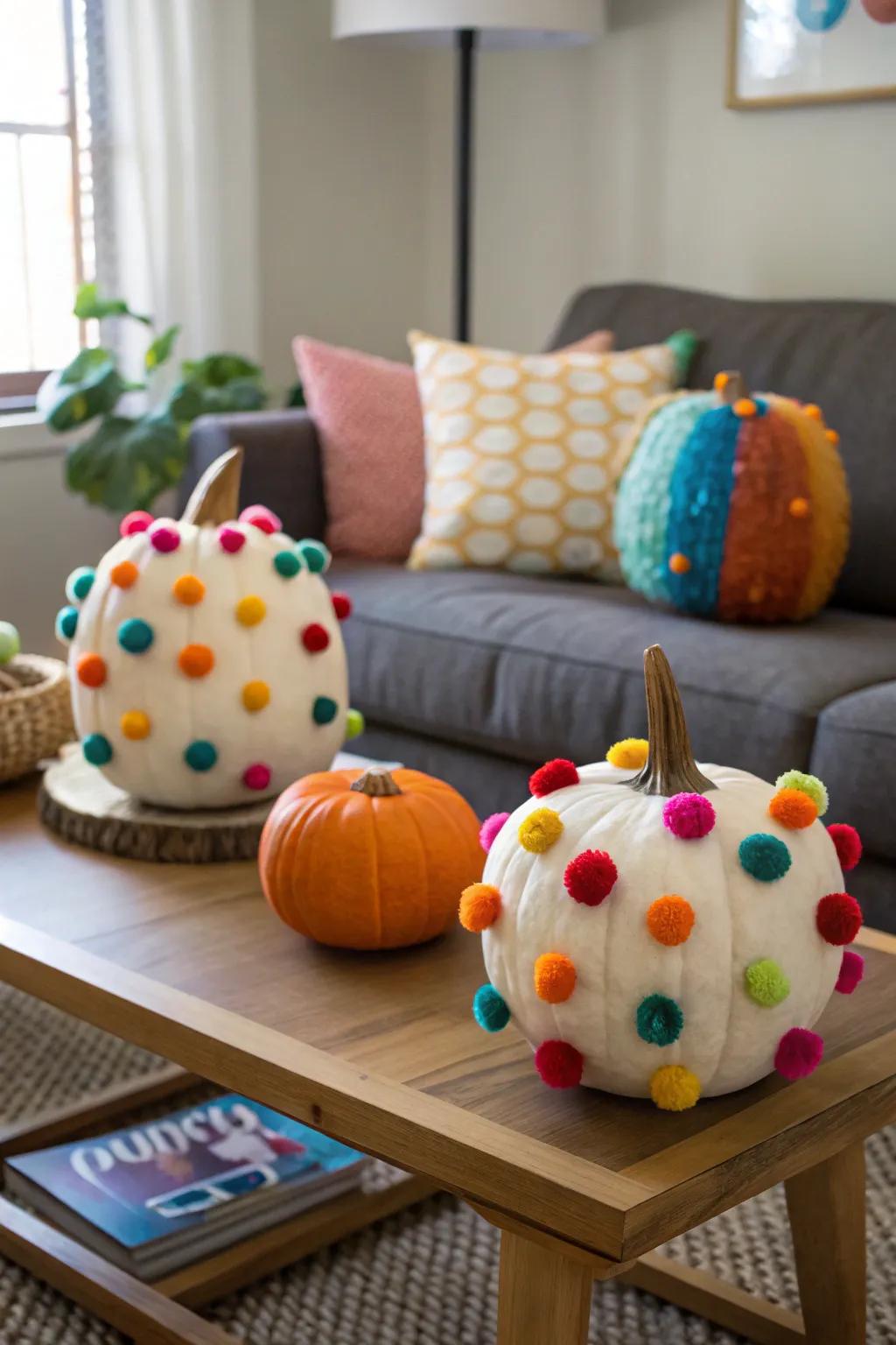 Pom-pom pumpkins giving off a fuzzy texture.