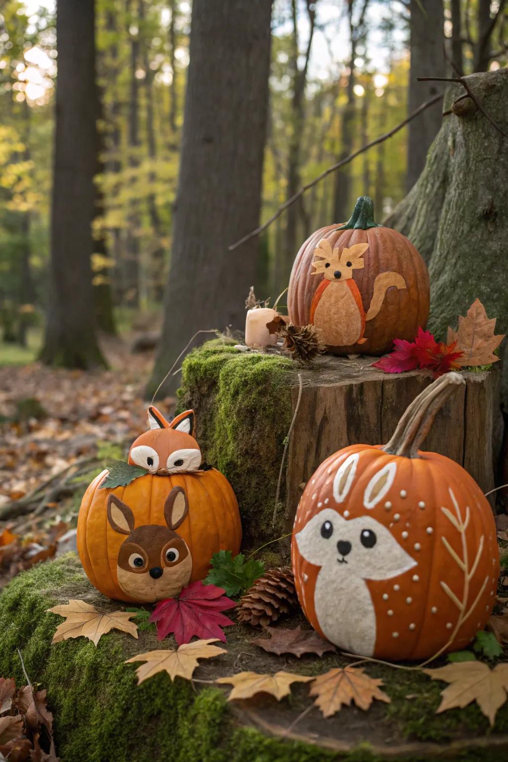 Pumpkins inspired by nature that are decorated with forest animals for an earthy vibe.