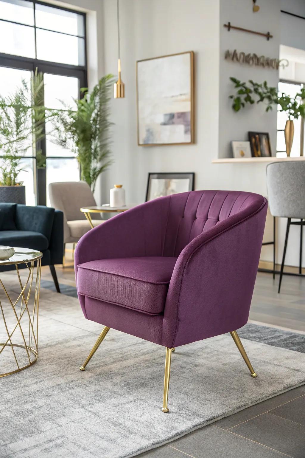 A bold purple armchair with gold legs serves as a stylish statement piece.