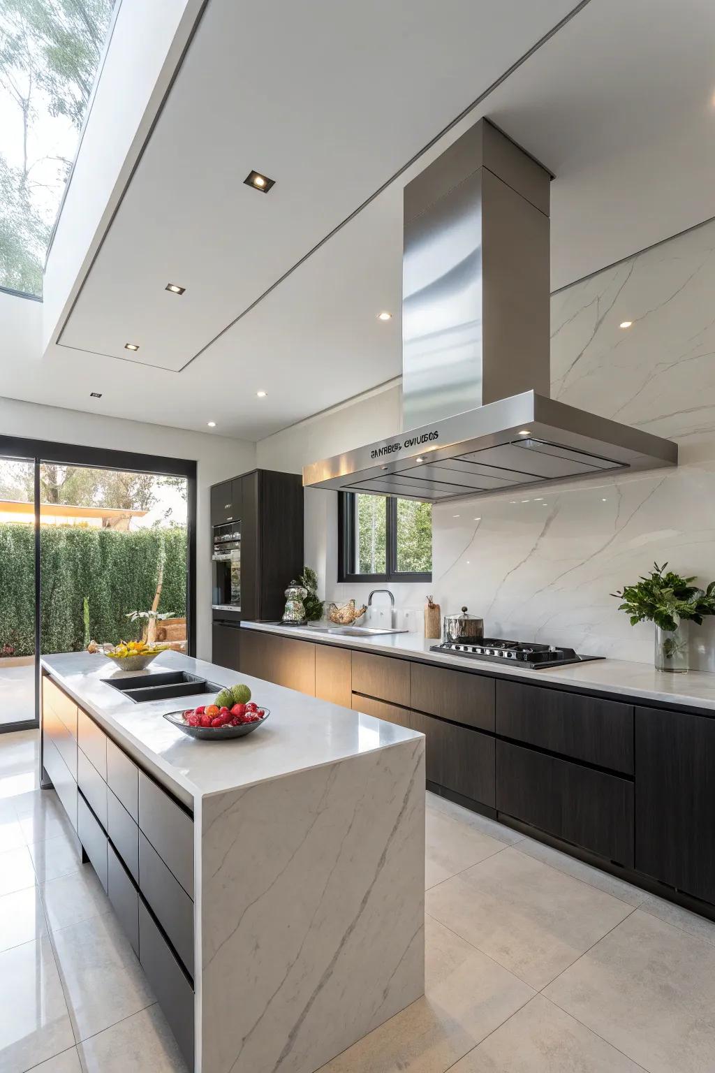 A hidden range hood creates a clean and seamless kitchen look.