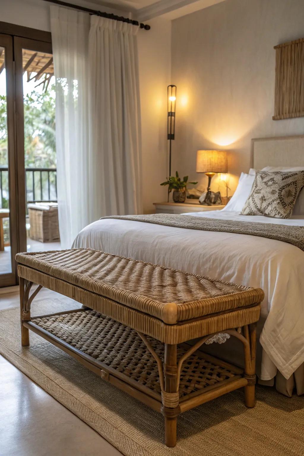 A rattan bench adds style and function to your bedroom.