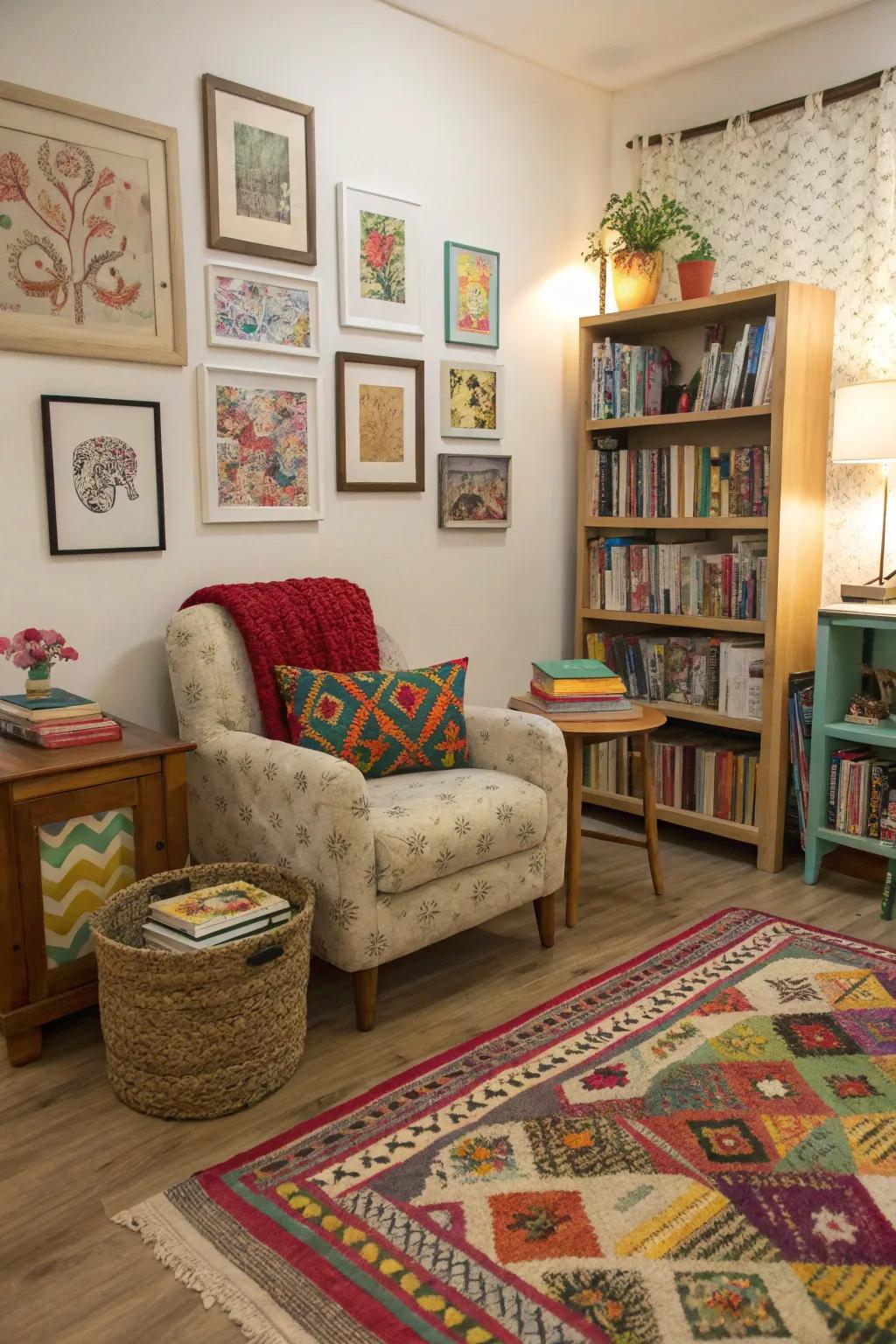 A diverse reading nook that is full of personality and charm.