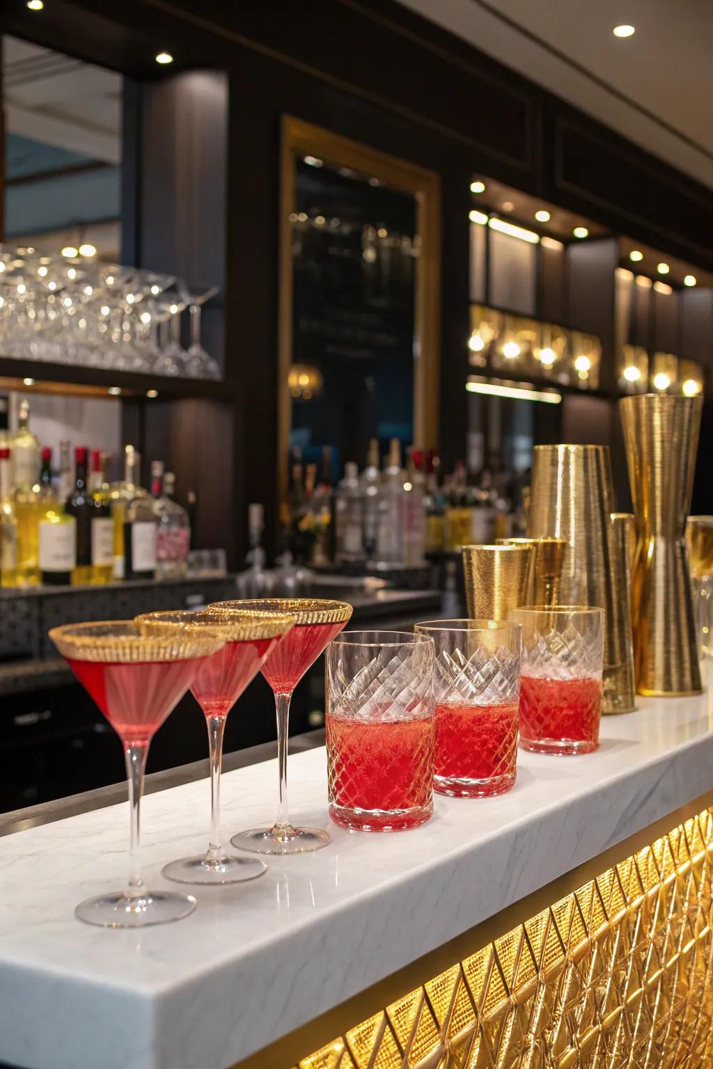 Gilded-edged glassware appends class to the refreshment setting.