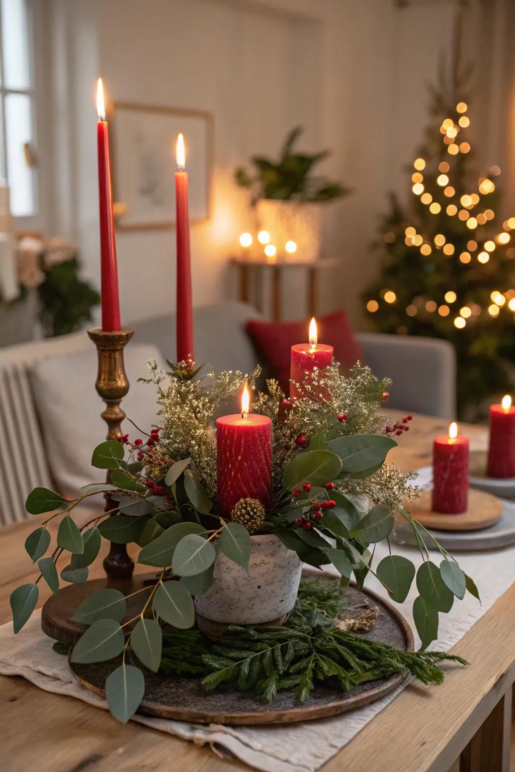 A warm and inviting crimson wax light centerpiece.