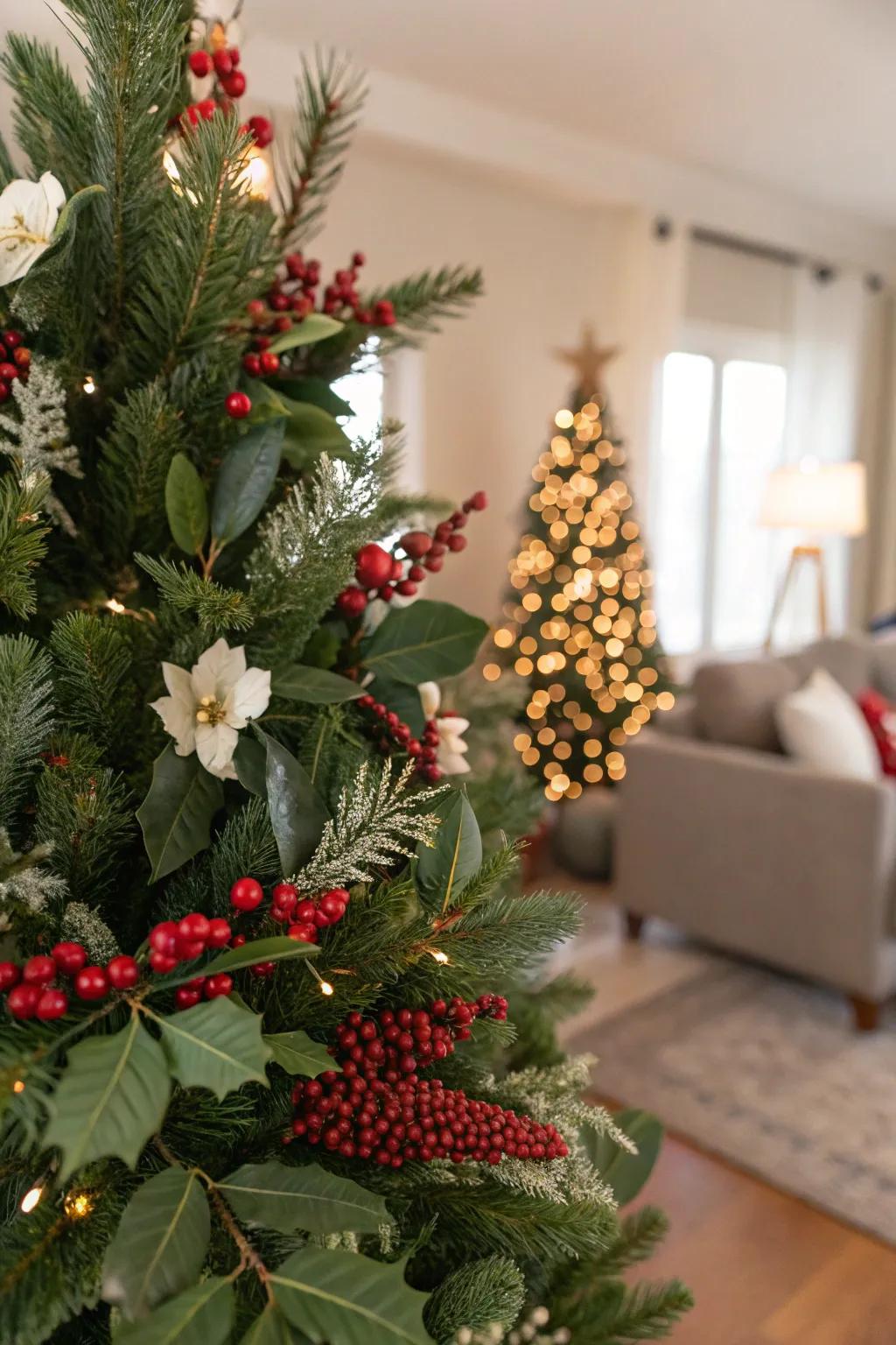 Seasonal florals enhance the tree's natural beauty.