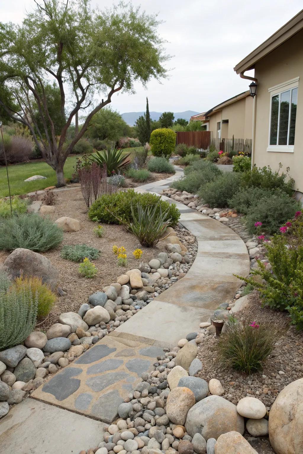 Stones and drought-tolerant vegetation create an eco-friendly xeriscape.