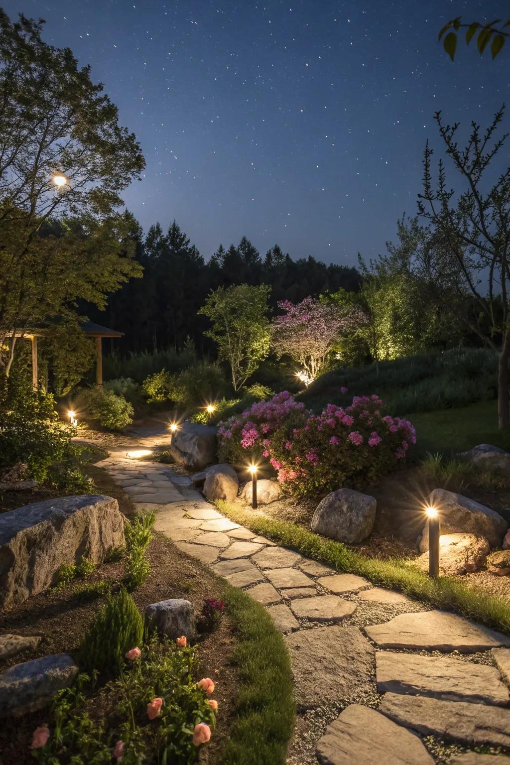 Lighting adds evening magic to rock gardens.