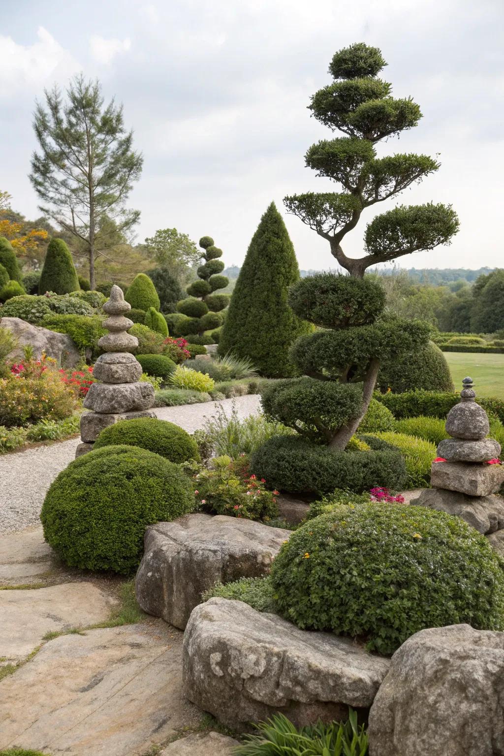 Artistic stone topiaries affixing whimsy and elegance to a garden.