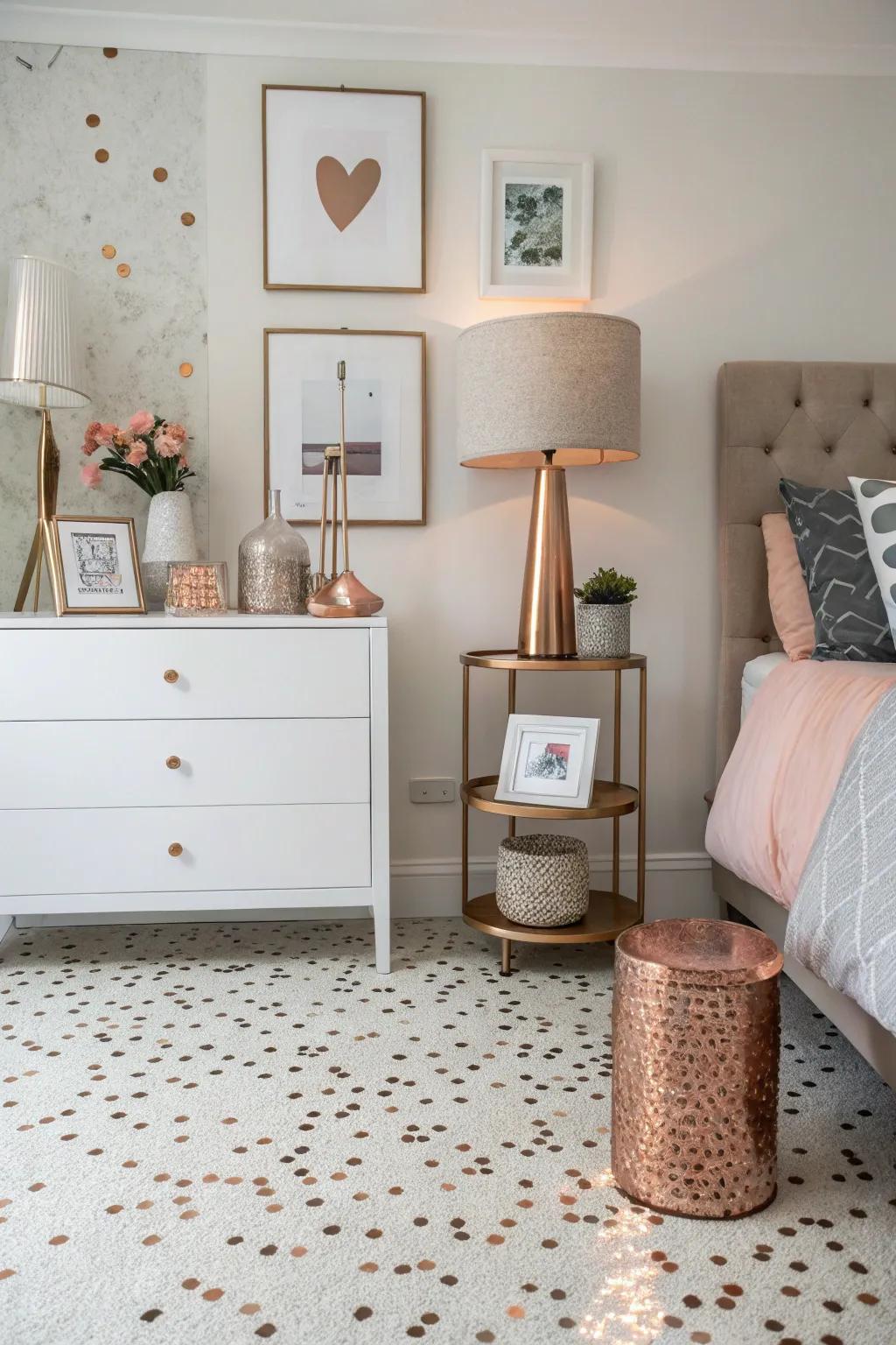Terrazzo and blush tones for a contemporary bedroom twist.