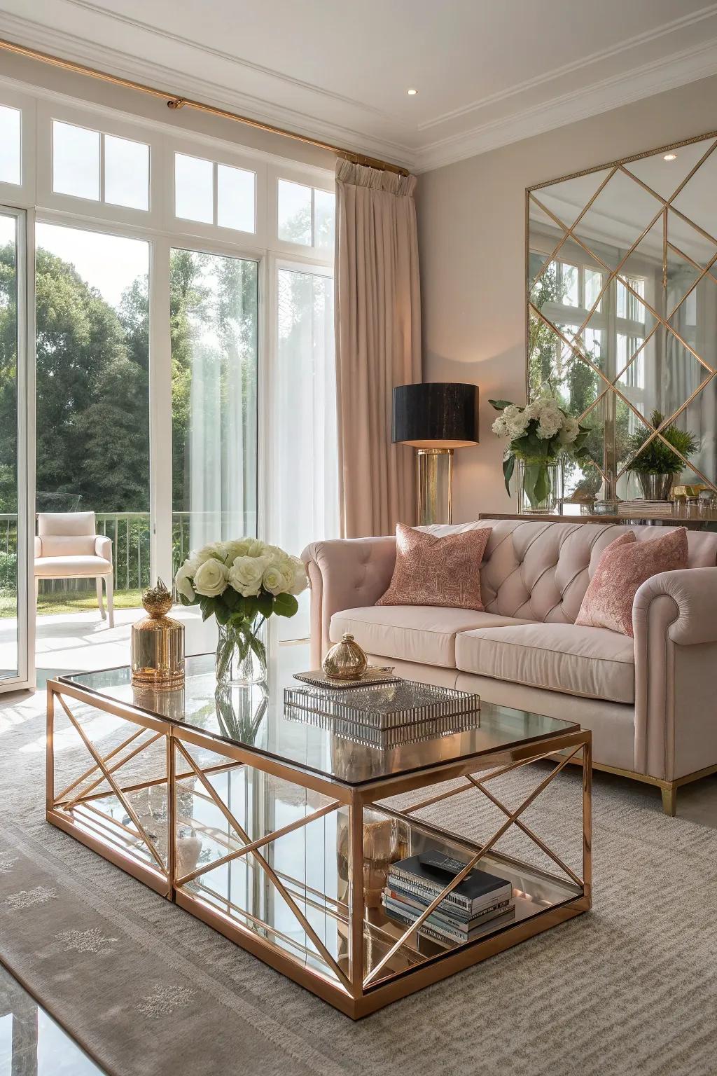Reflective surfaces with rose gold details craft an airy feel.