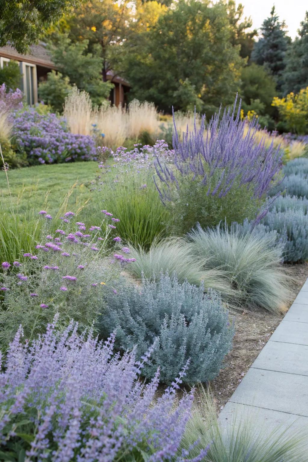 A calming garden retreat featuring 'Silver Whisper' and blue fescue.
