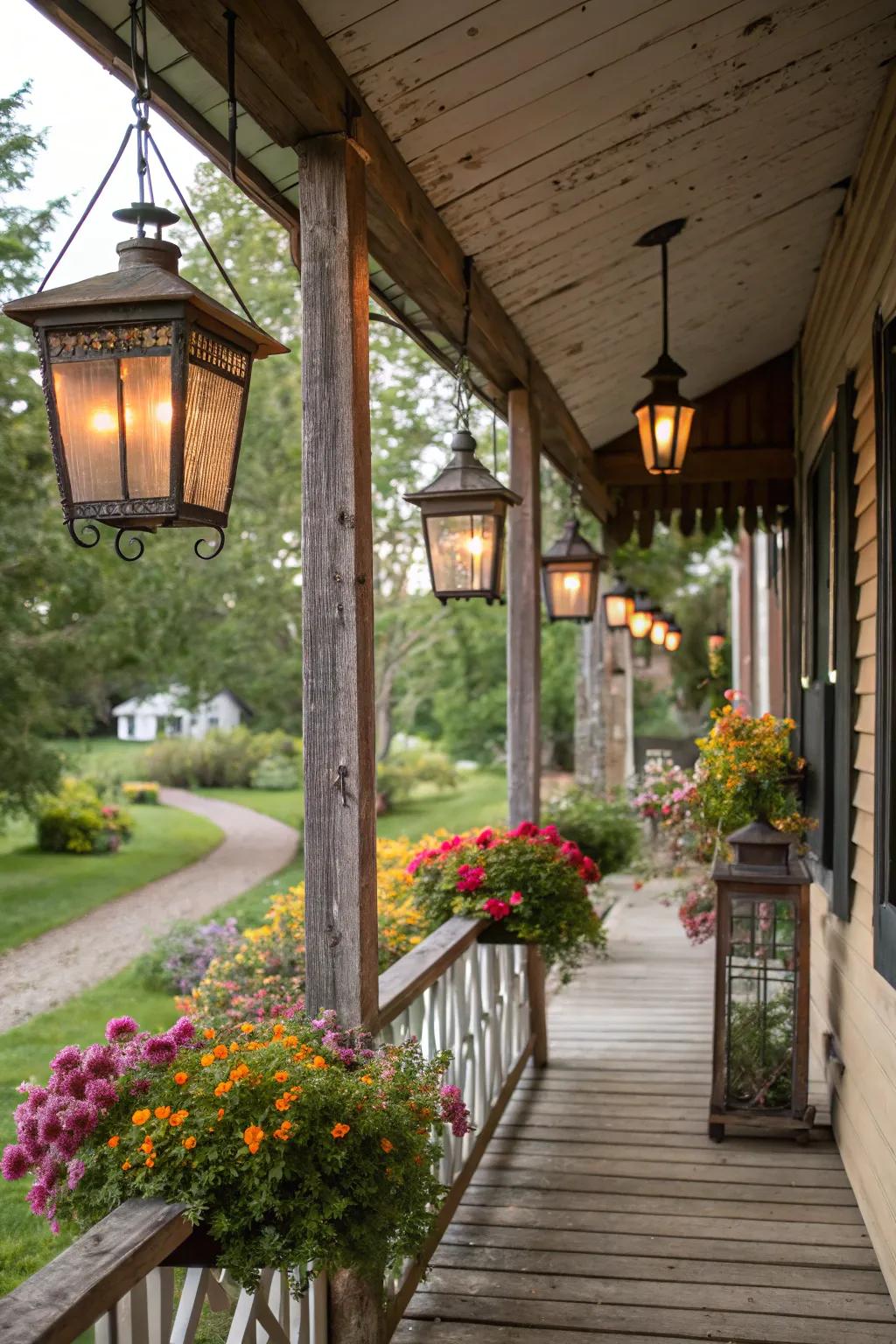 Outdoor lights and fresh blooms create a romantic and attractive arrangement.
