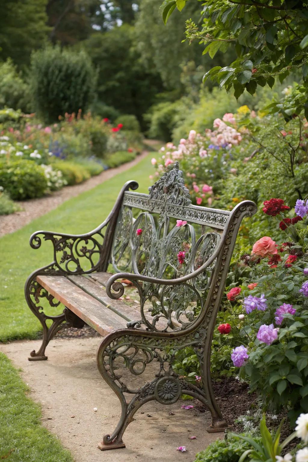 A vintage ironwork bench adds elegance to garden blooms.