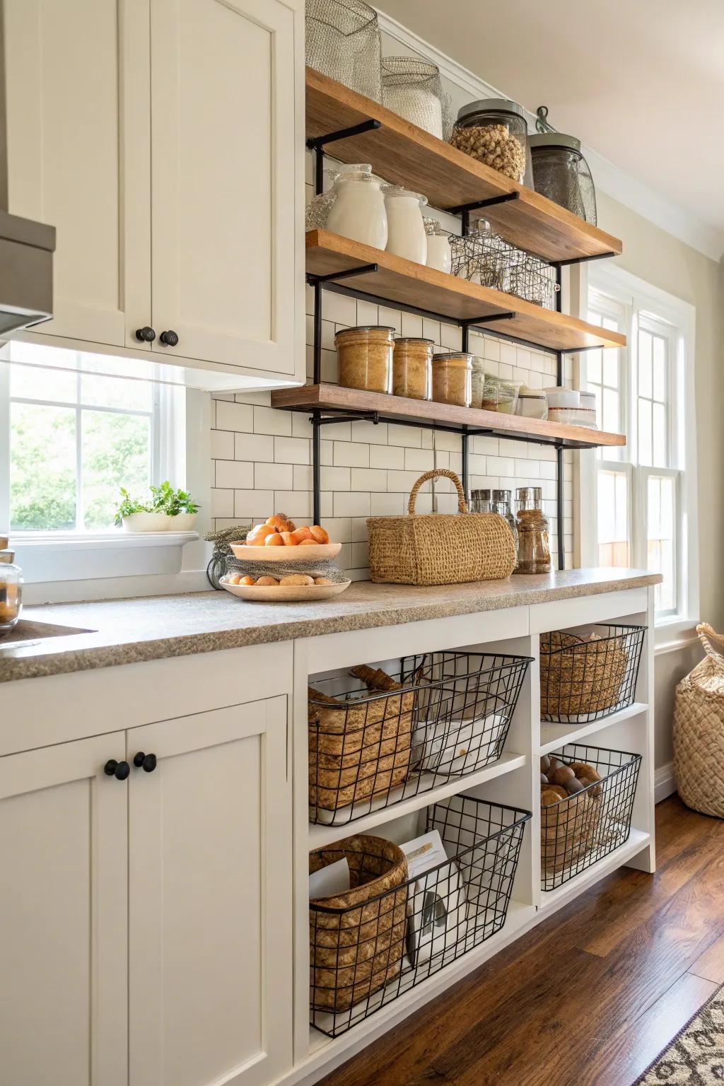 Metal baskets offer practical storage with a countryside flair.