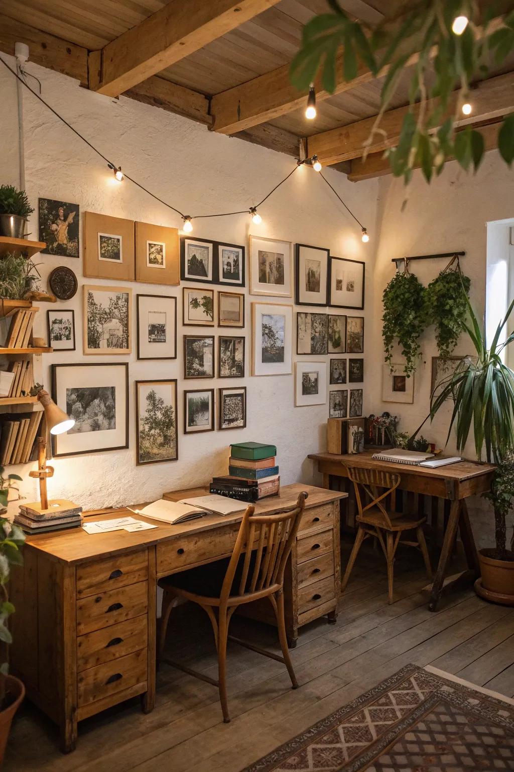 A gallery wall contributes a unique flair to a country-style office.