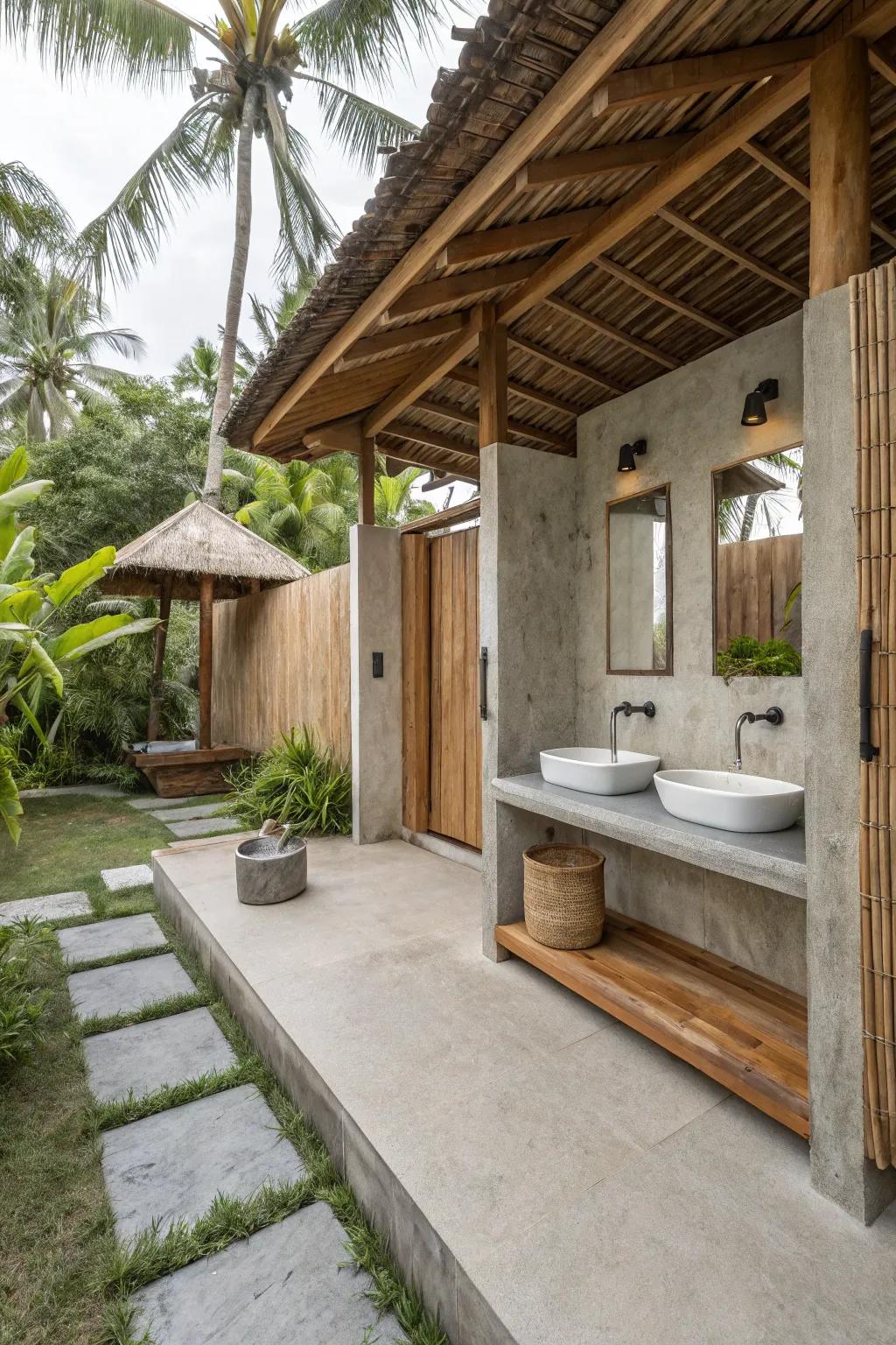 A tropical-style retreat offers a tranquil outside escape.
