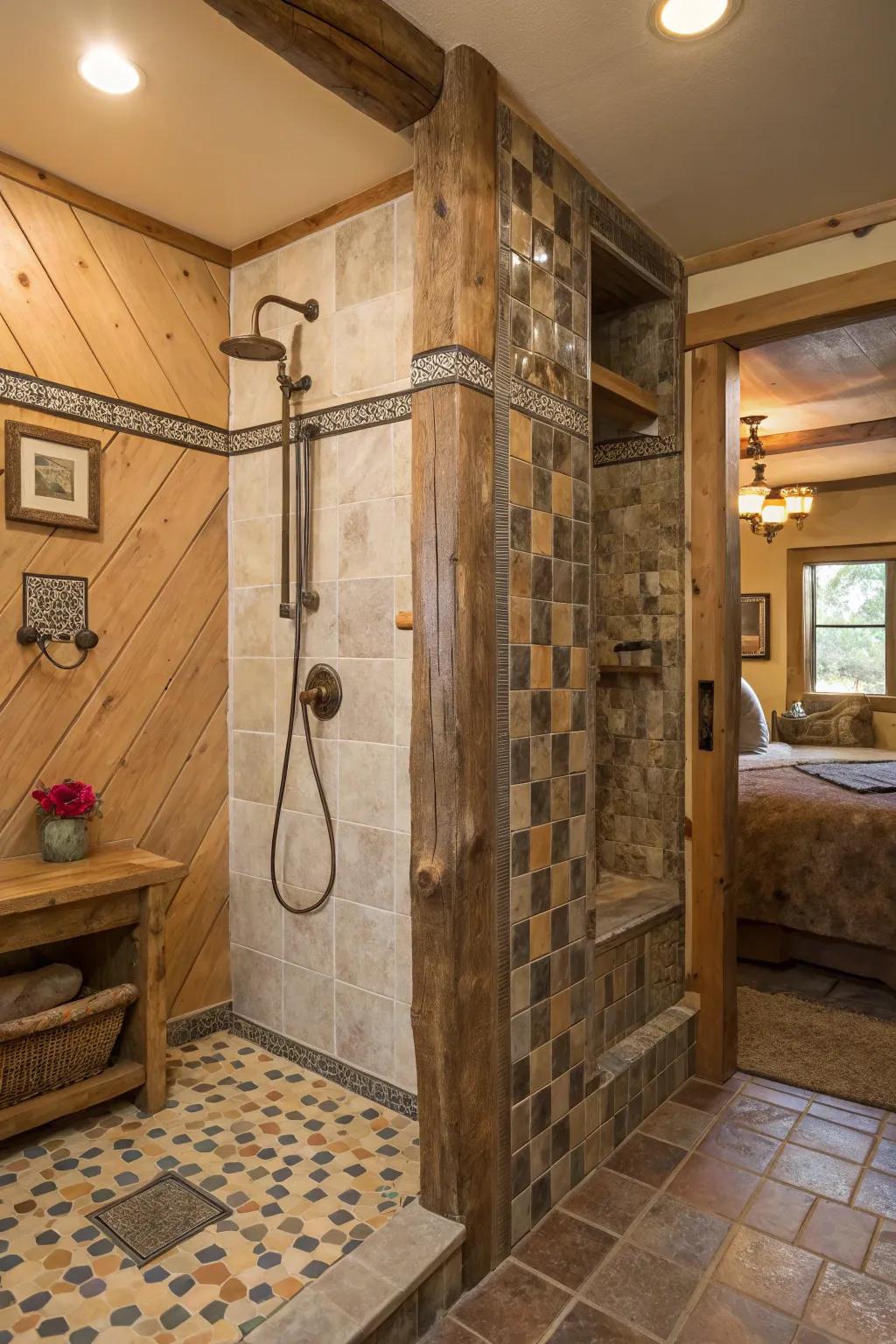 A shower emphasizing a block-highlighting wall, deliberately styled to append a customized focal point.