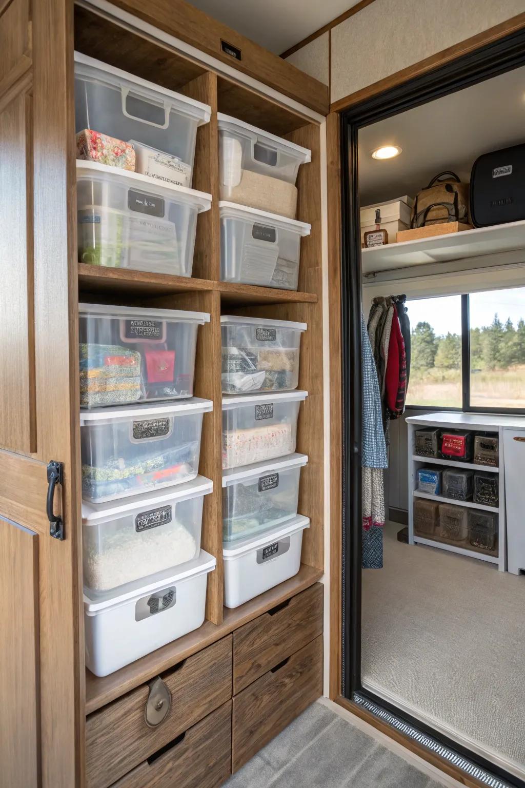 For frequently used items, clear containers offer visible storage options.