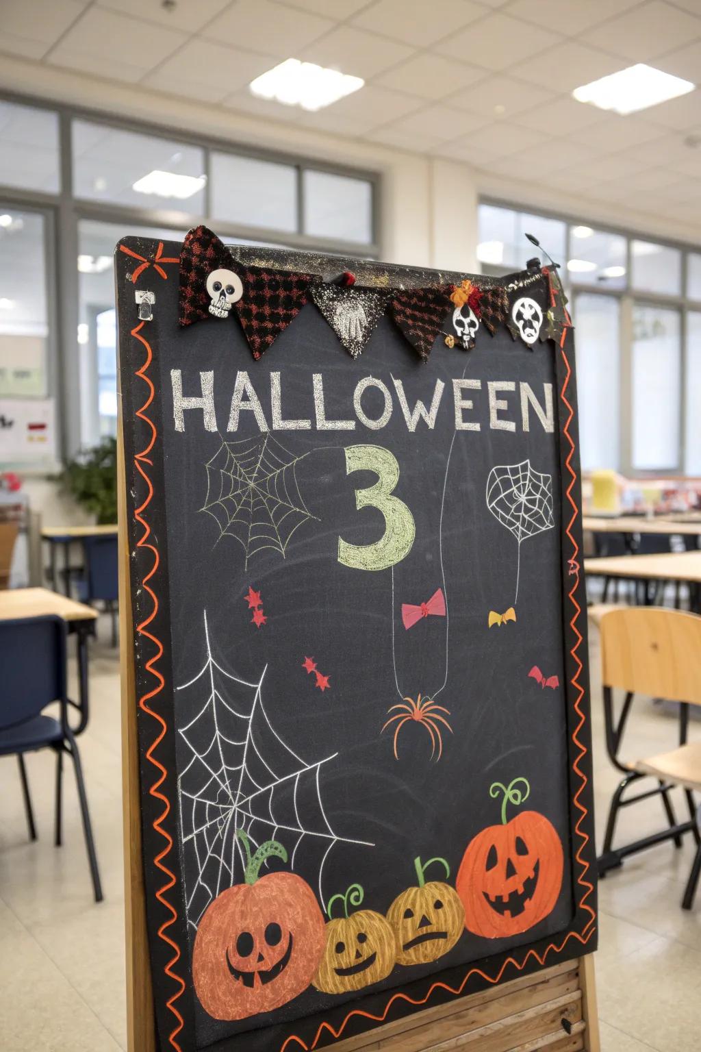 A chalkboard featuring a countdown to Halloween with spooky decorations.