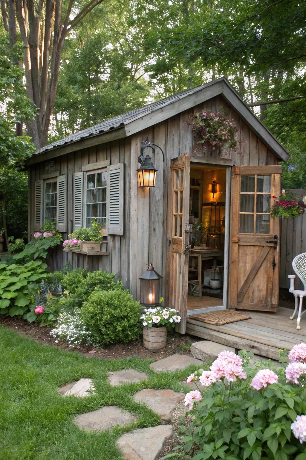 Country warmth and comfort in a she shed retreat.