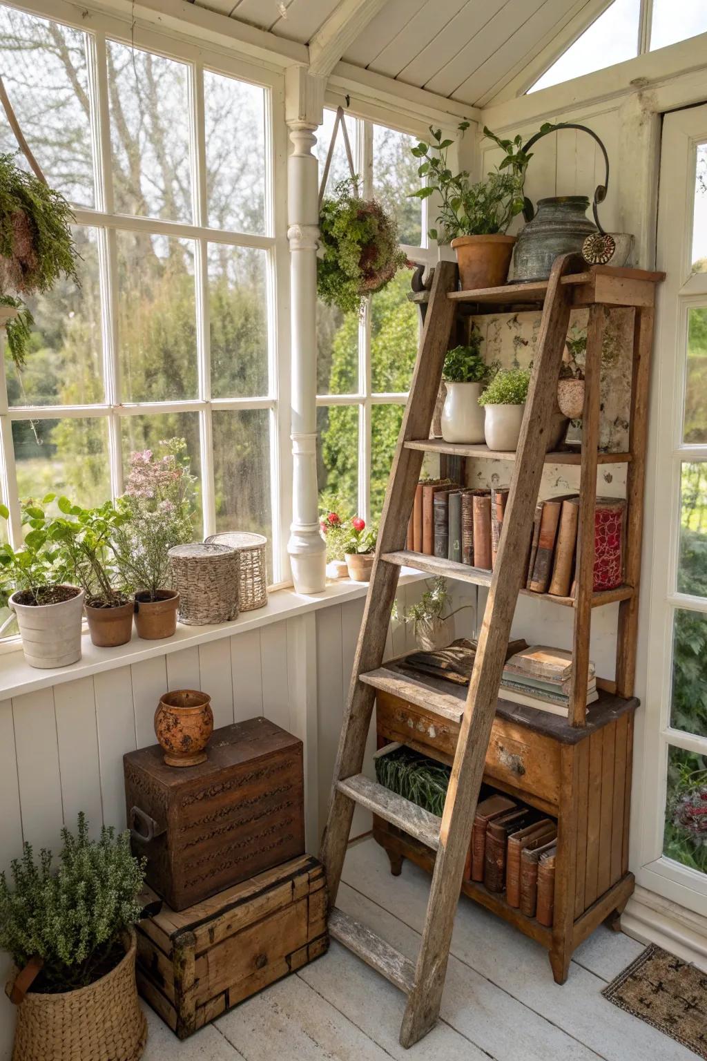 Garden room with repurposed ladder shelves introducing period charm.