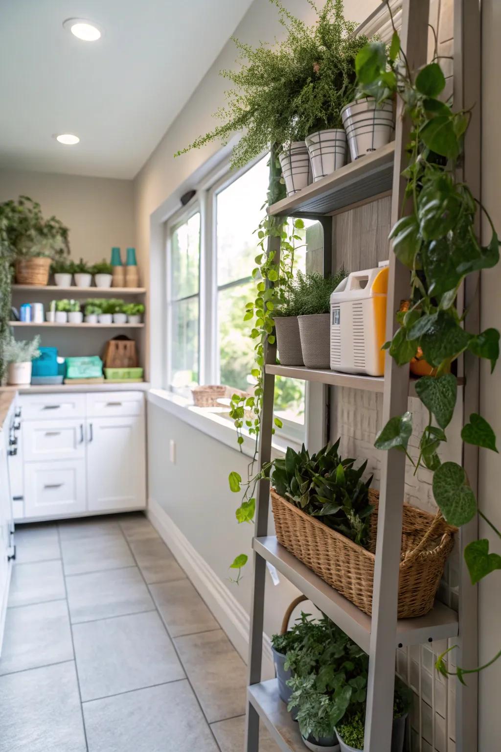 A vertical garden is located on shelves in the utility room, adding a revitalizing and energetic touch to the area.