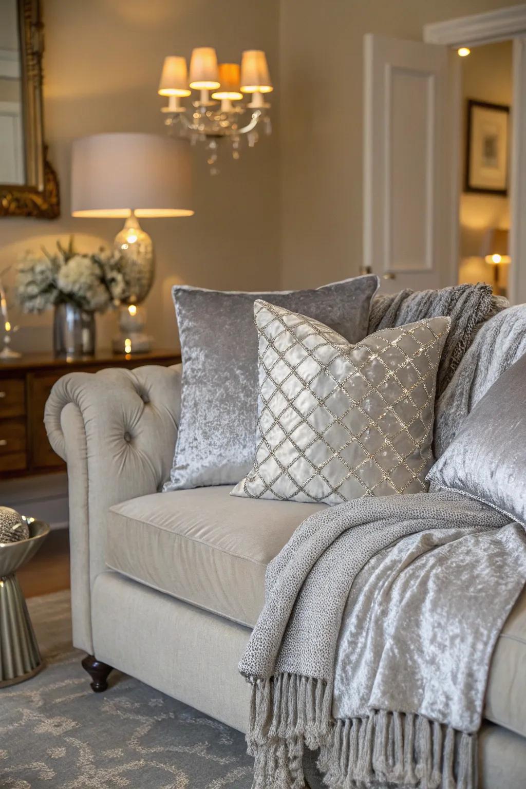 Silver velvet introduces a luxurious and cozy element to your decor.