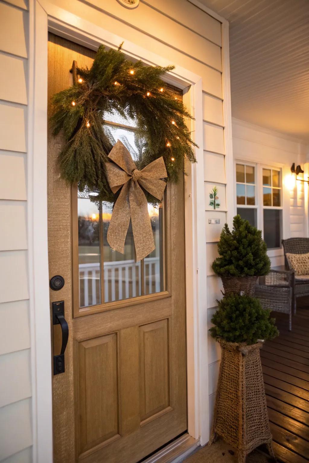 A woven string bow appends rustic elegance to holiday decorations.