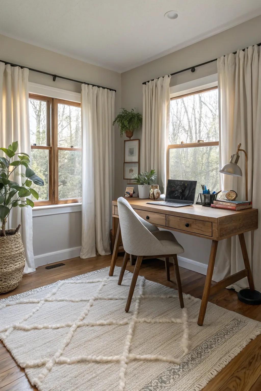 Layering fabrics gives your workspace coziness and visual appeal.
