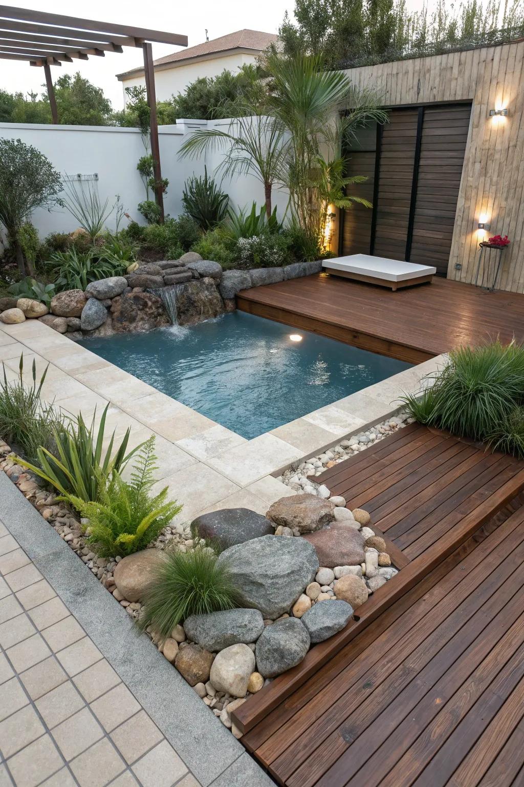 A special mix of materials adding depth and interest to the pool area.