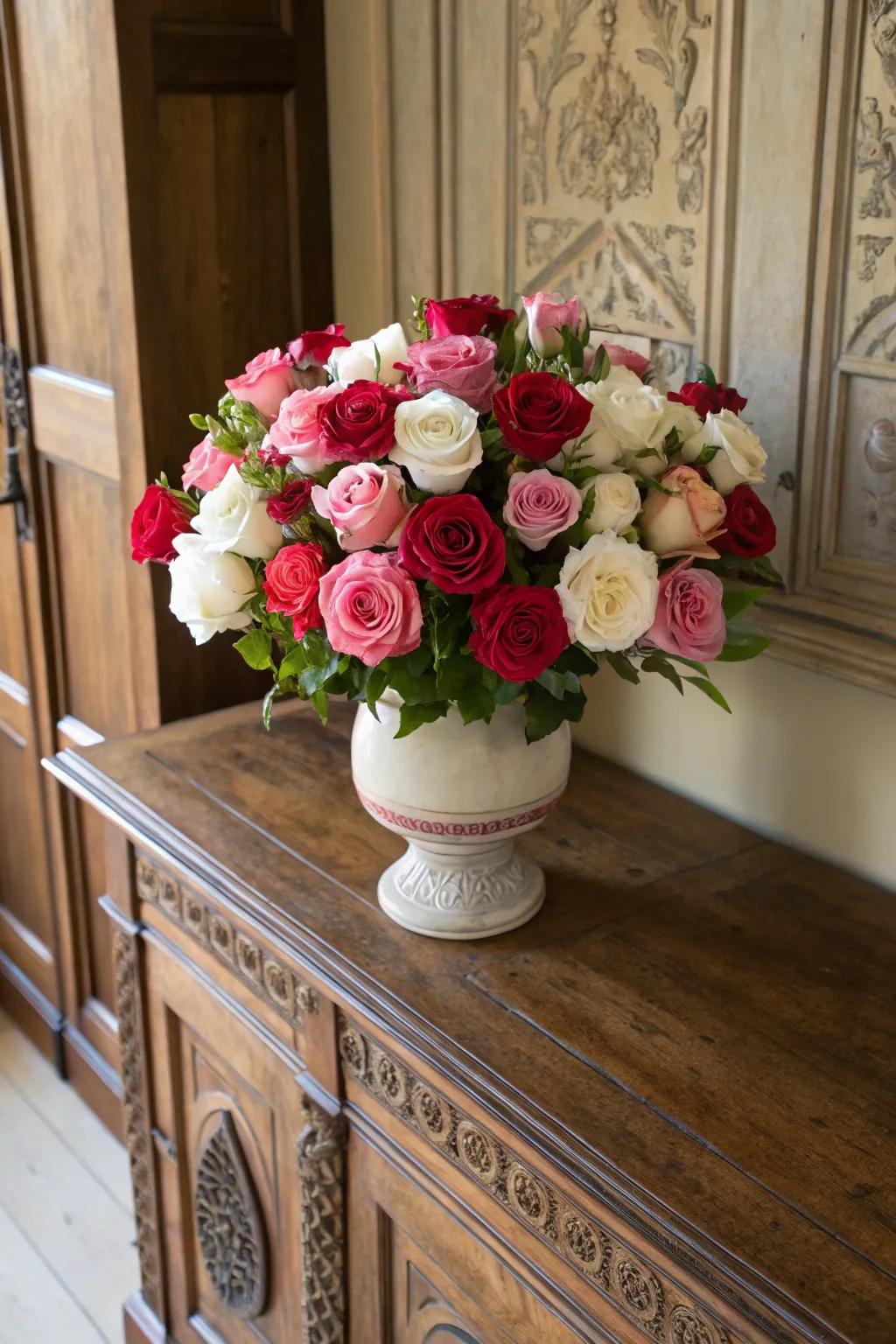 An assortment of roses blended for a textured floral display.