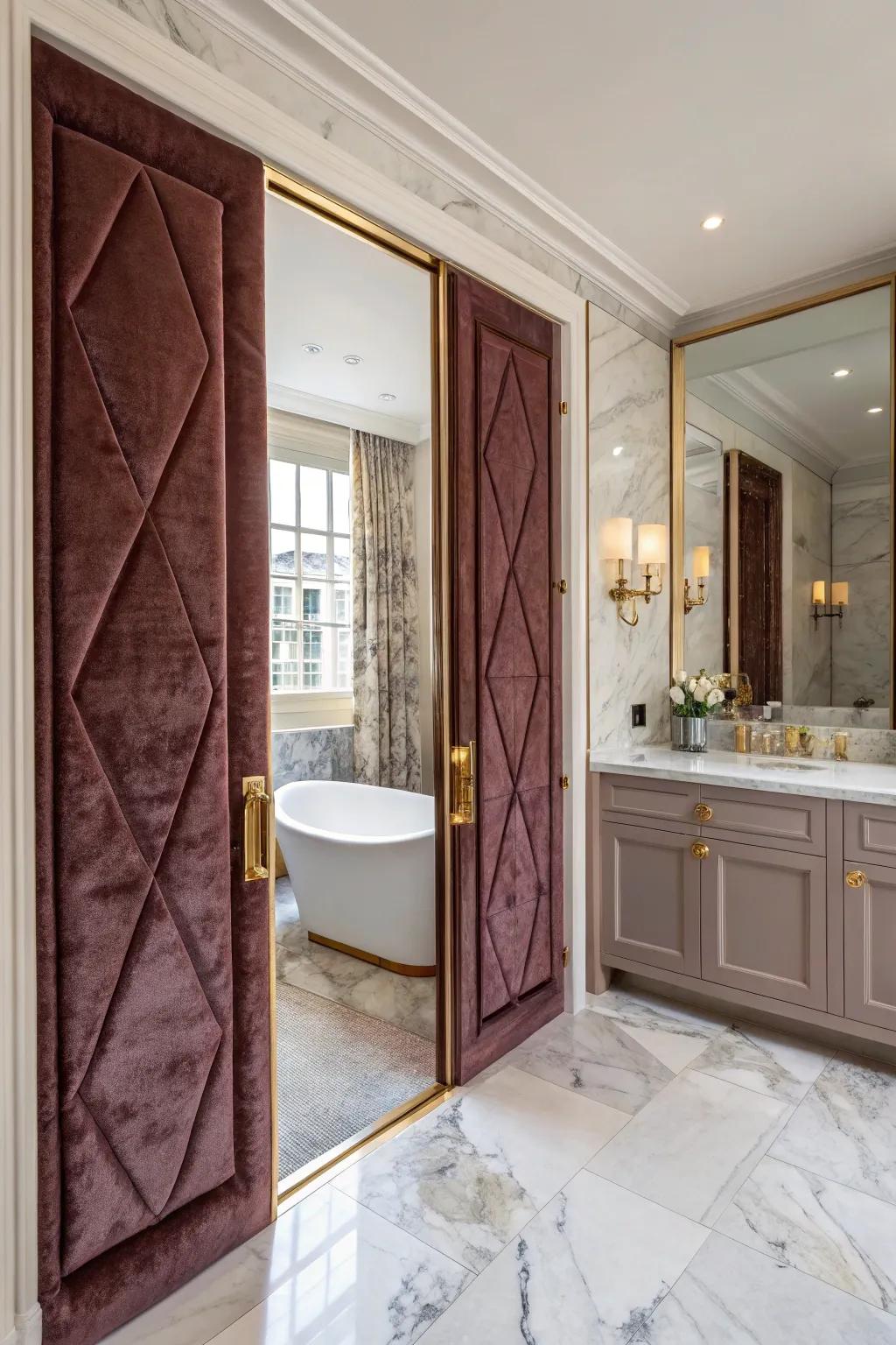 Soft cloth section moving doors add a great feel and richness to this fancy bathroom.