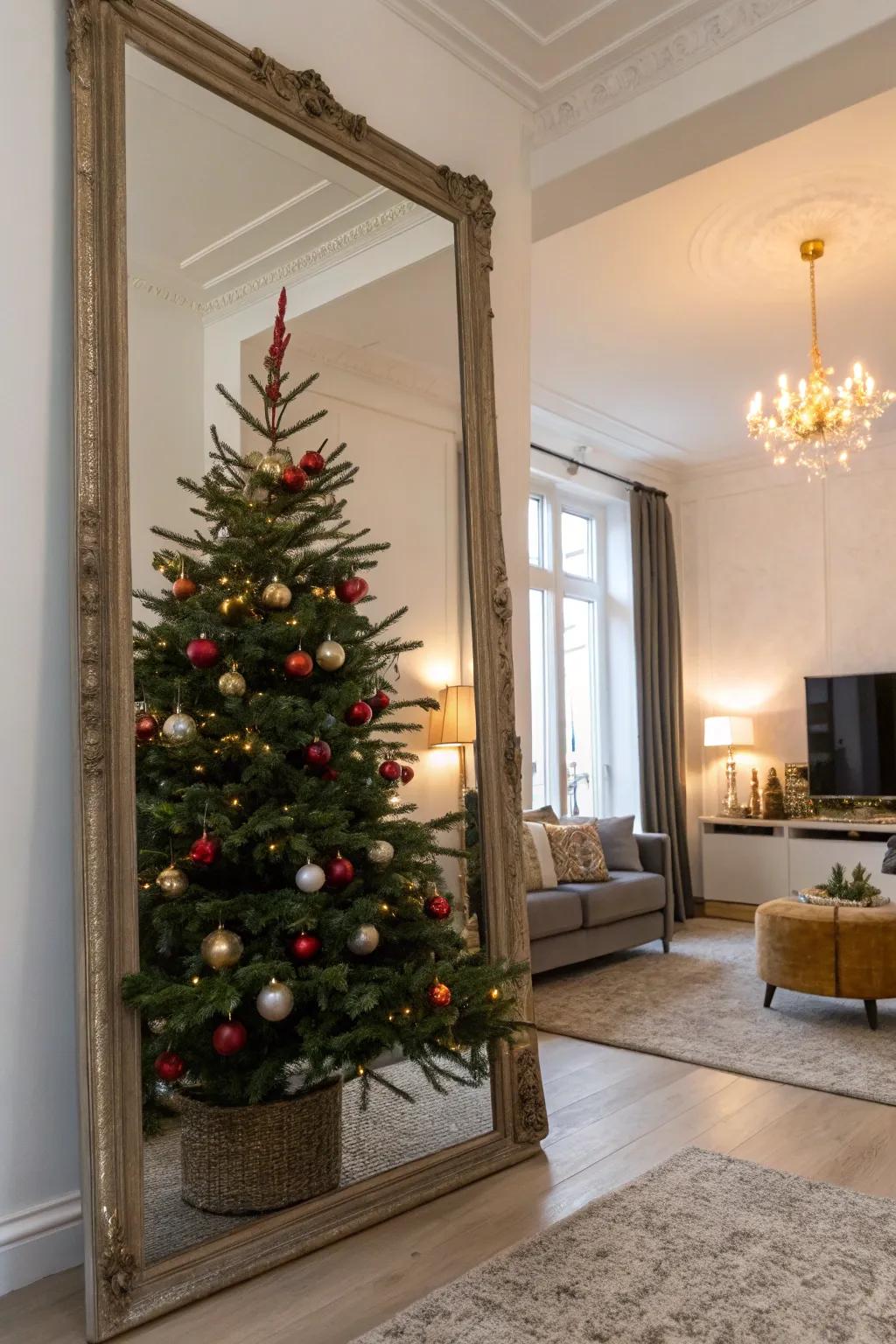 A mirror doubles the presence of a petite tree, enhancing the festive decor.