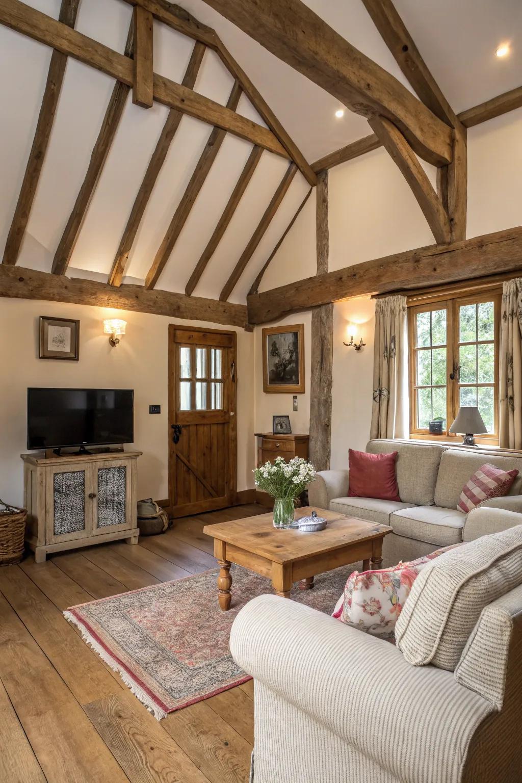 Exposed beams contribute countryside uniqueness to this inviting lounging space.