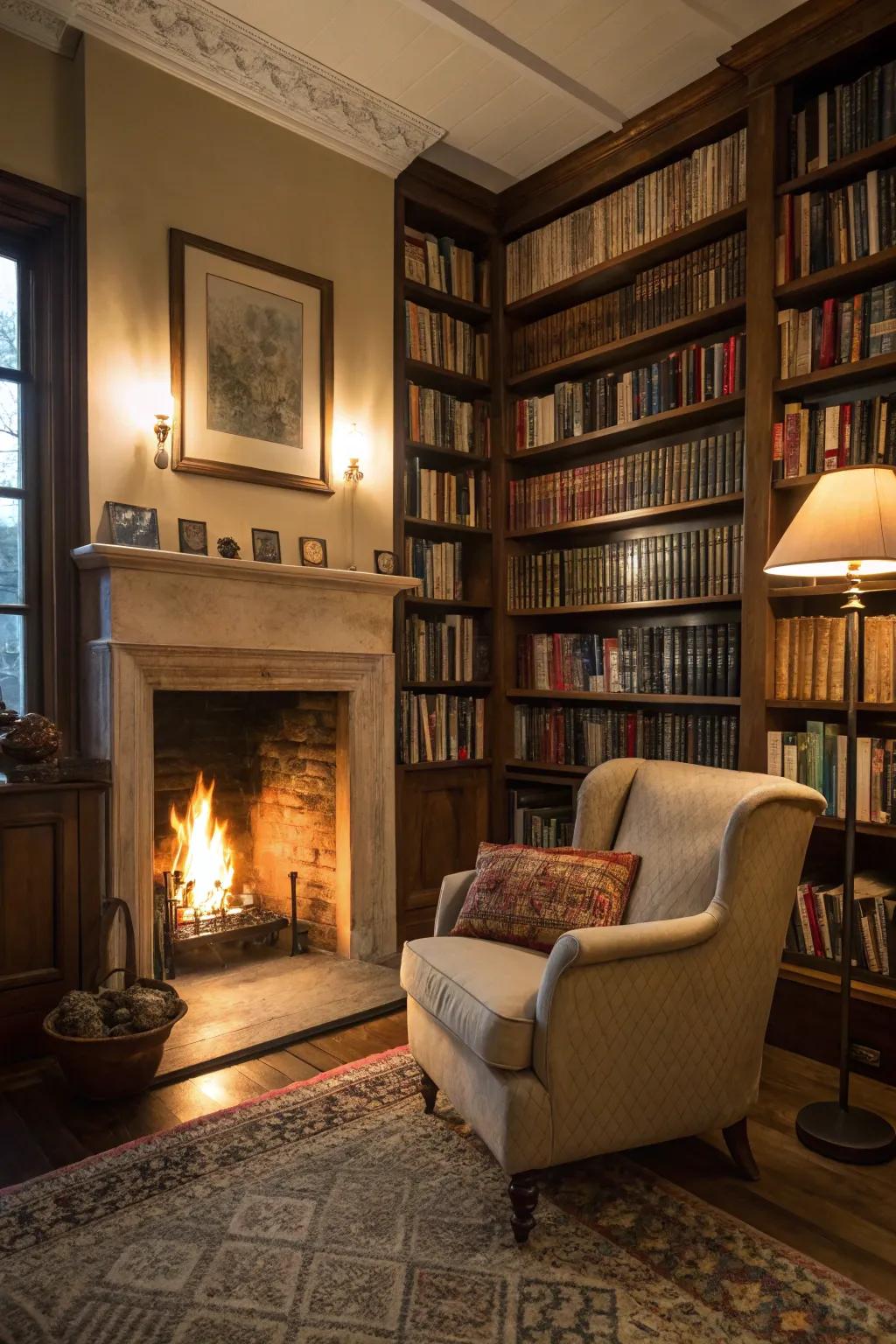 A fireplace introduces warmth and ambiance to your library.