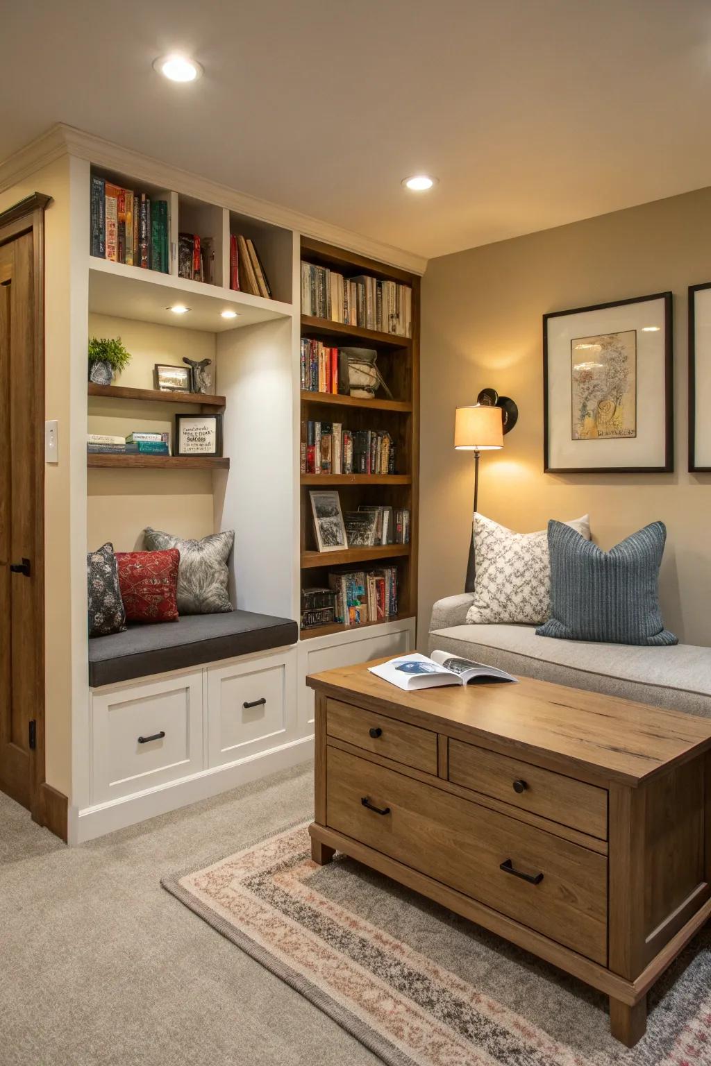 Concealed storage maintains a clean and organized hideout.