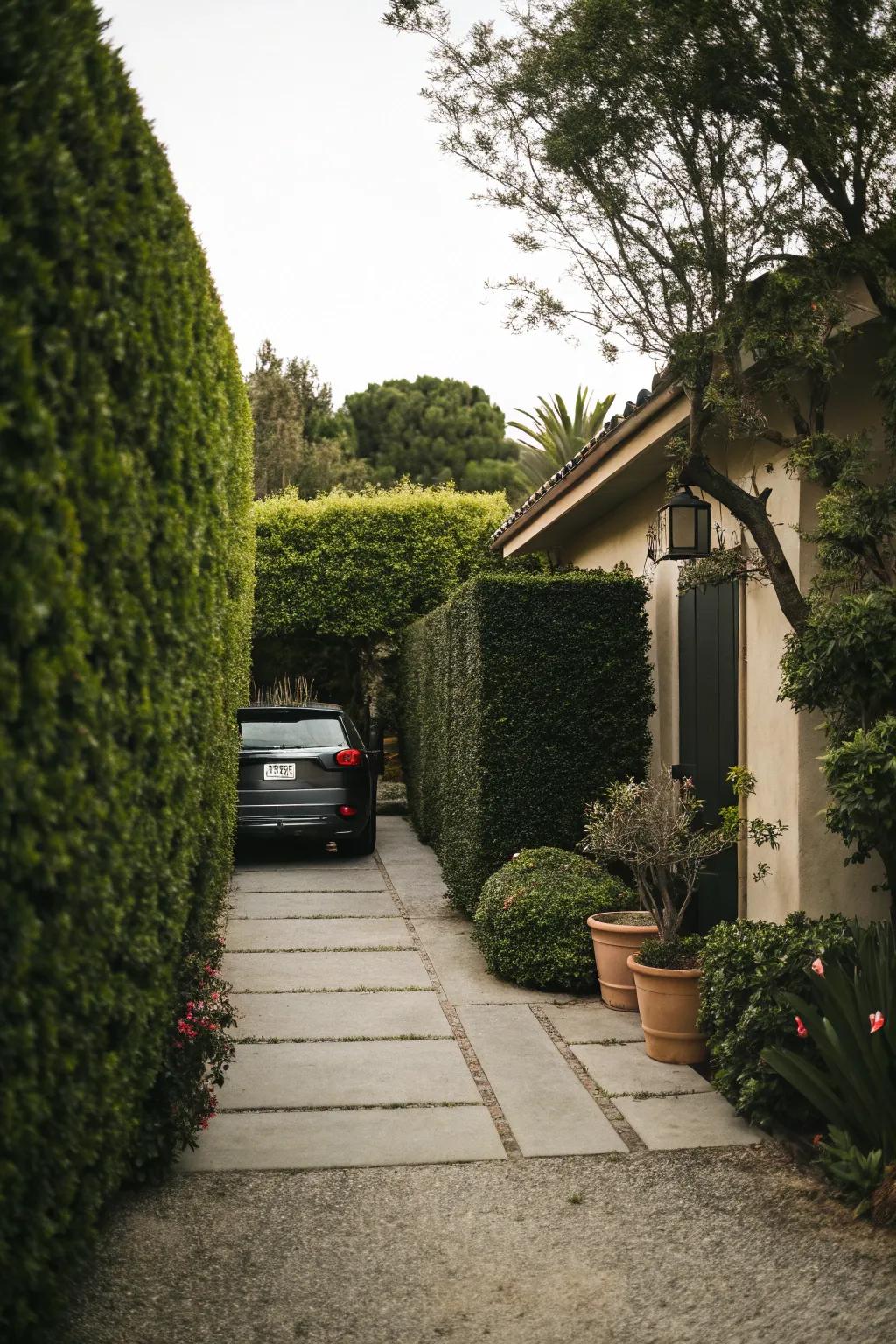 Hedges establish a concealed sanctuary while providing parking.