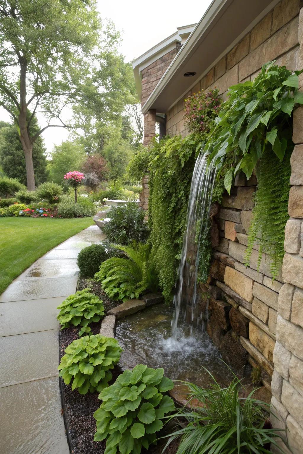 A wall-mounted waterfall delivers a dramatic and comforting backdrop.