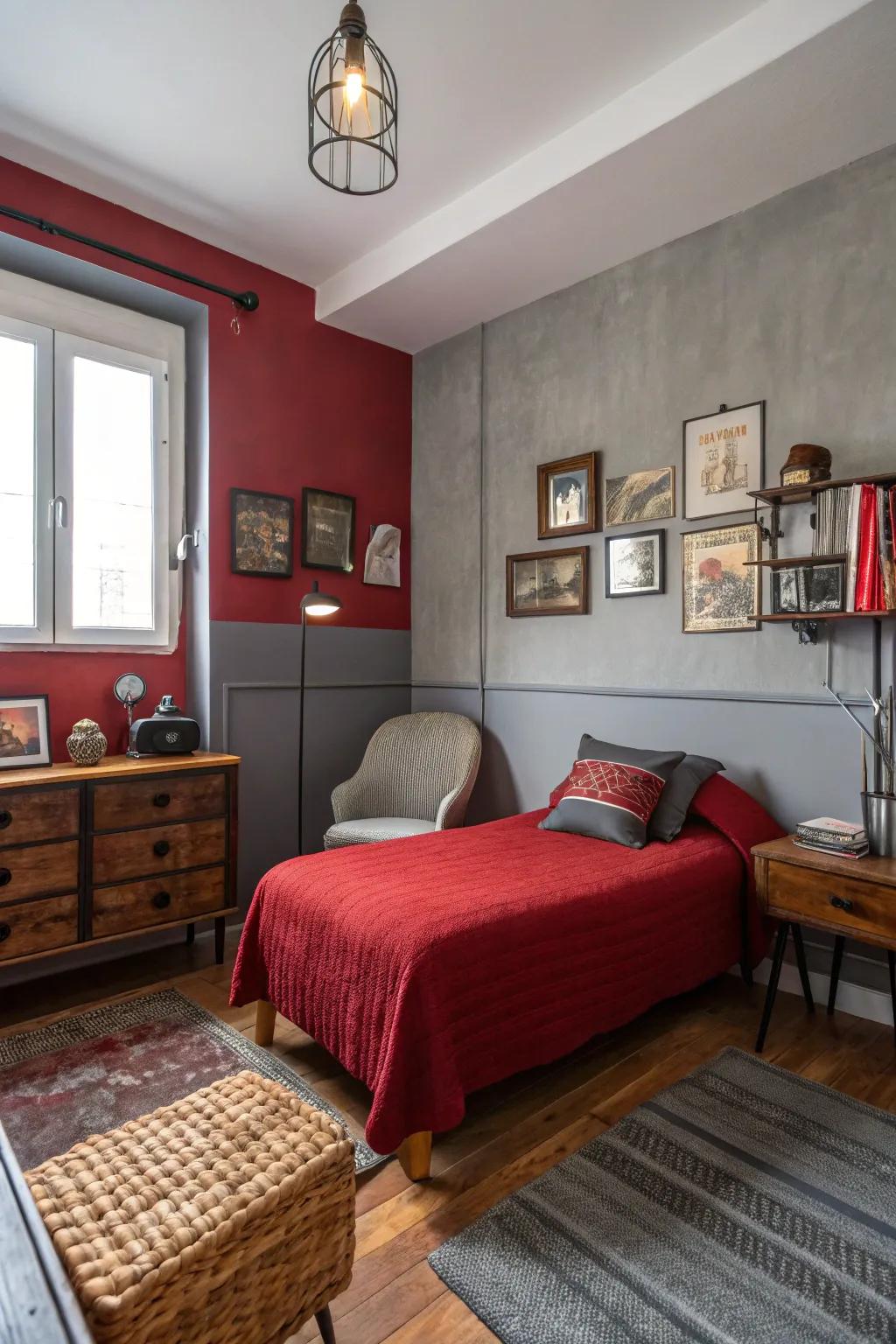 A small bedroom showcasing vintage finds including a modern flair in a scarlet and charcoal theme.