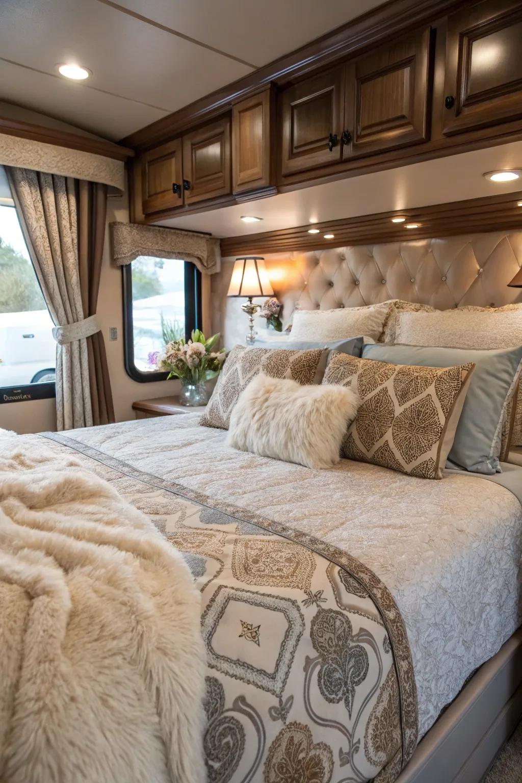 Luxurious bedding can change your RV into a comfortable retreat.