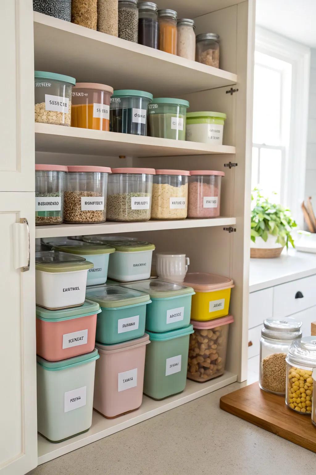 Stackable containers in a pantry, keeping items organized and accessible.