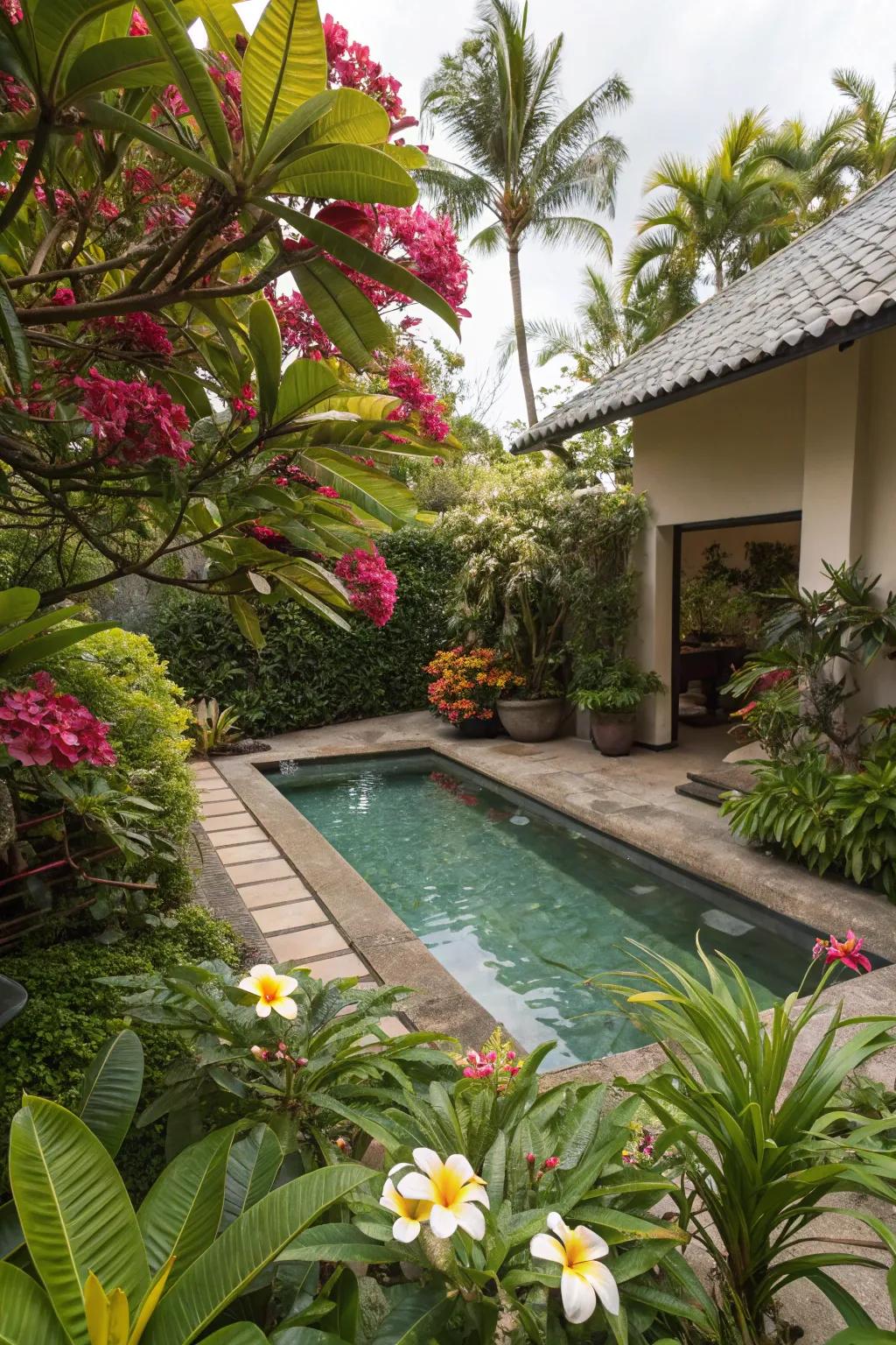 Bold colored florals add vibrant contrast and fragrance to your pool area.