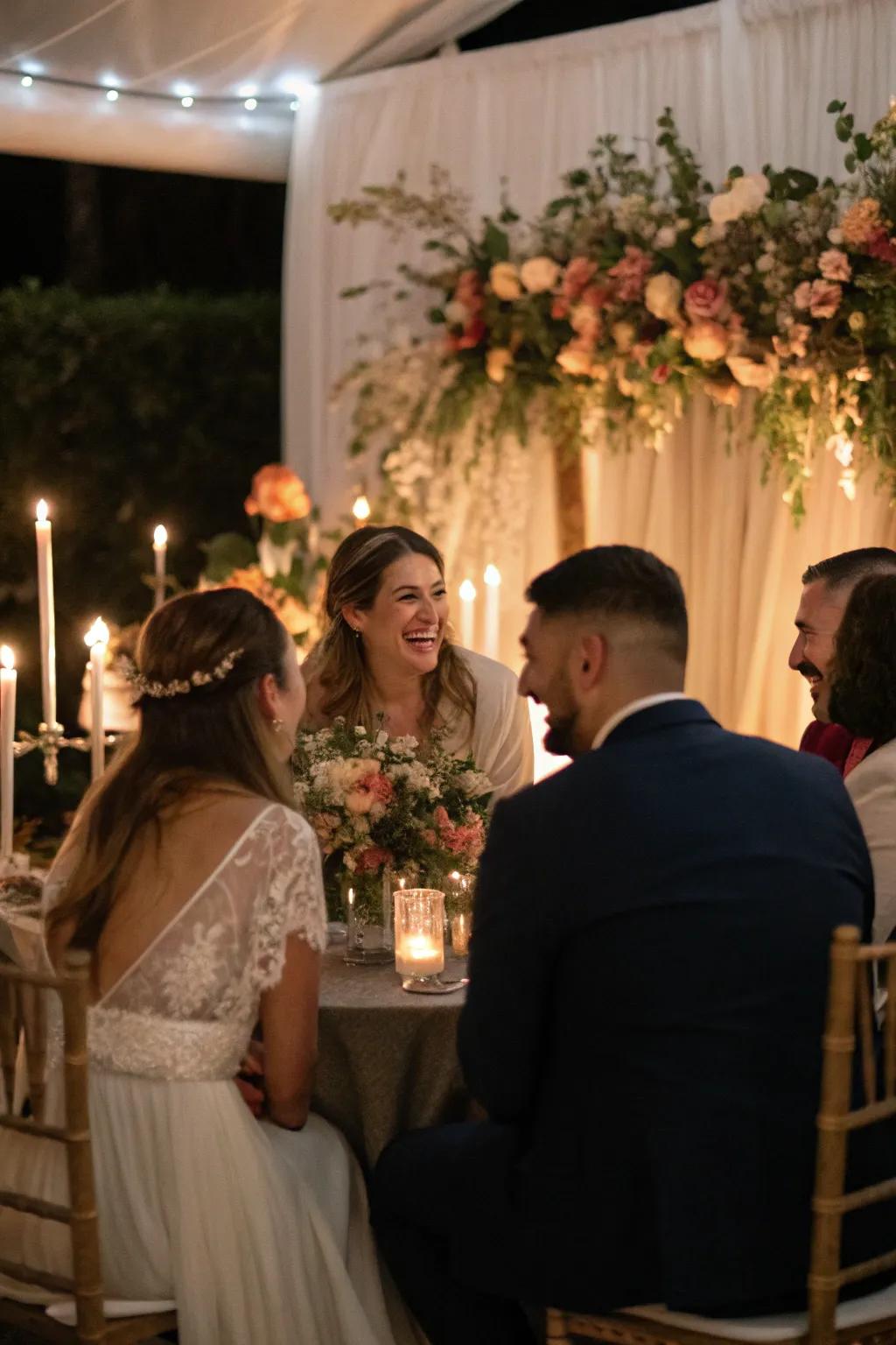 Guests sharing heartfelt stories, adding warmth to the wedding celebration.