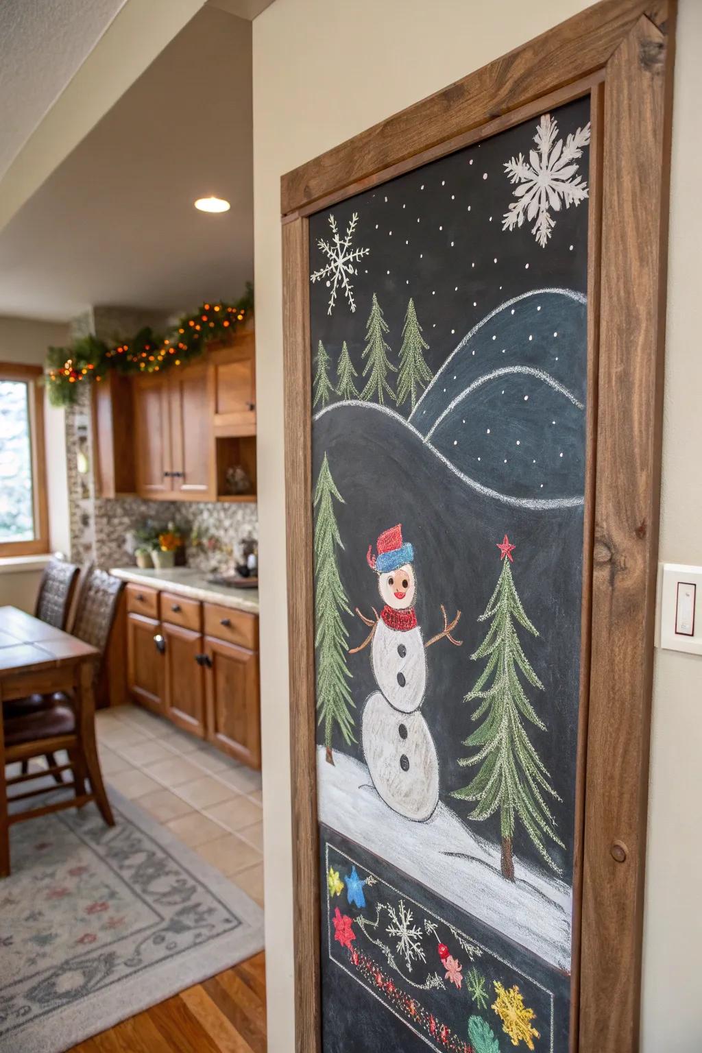 Snow figure chalkboard art provides artistic seasonal decoration.