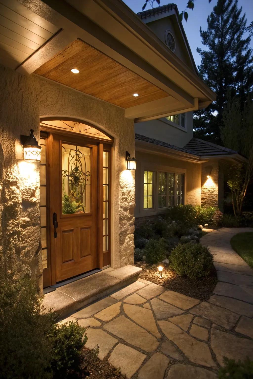 Soffit illumination warmly guides guests to a home's entryway.